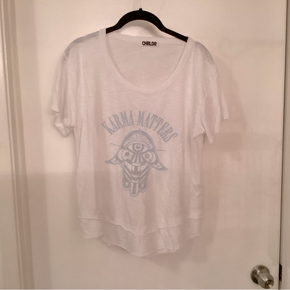 White 'Karma Matters' Graphic Tee Embroidered. Super cute 
Like new